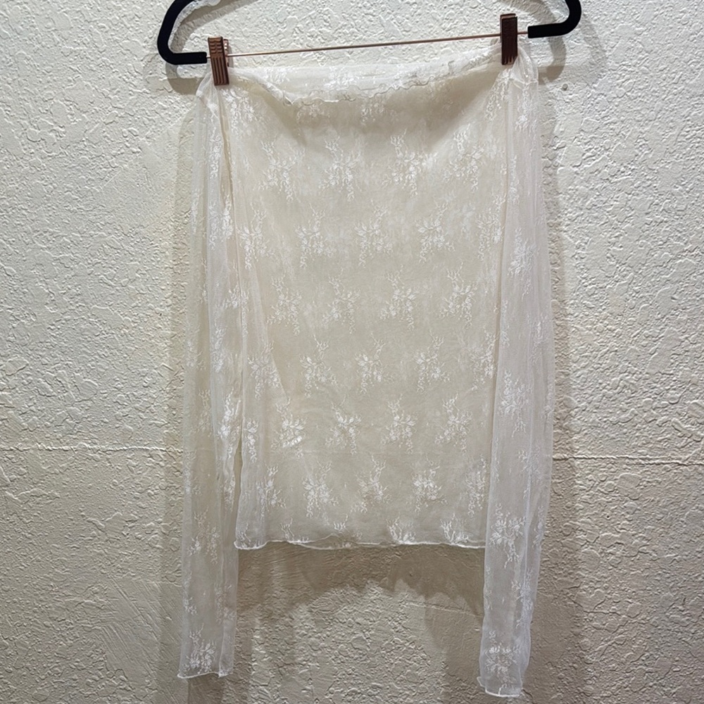 White Lace Long Sleeve Turtle Neck with Lettuce Hem - Size S